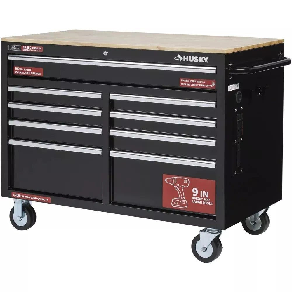46 in. W x 24 in. D 9-Drawer Gloss Black Deep Tool Chest Mobile Workbench